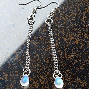 3" Long, ✨ Genuine Moonstone Teardrop ✨ Dangle Earrings* Sterling Silver Chains